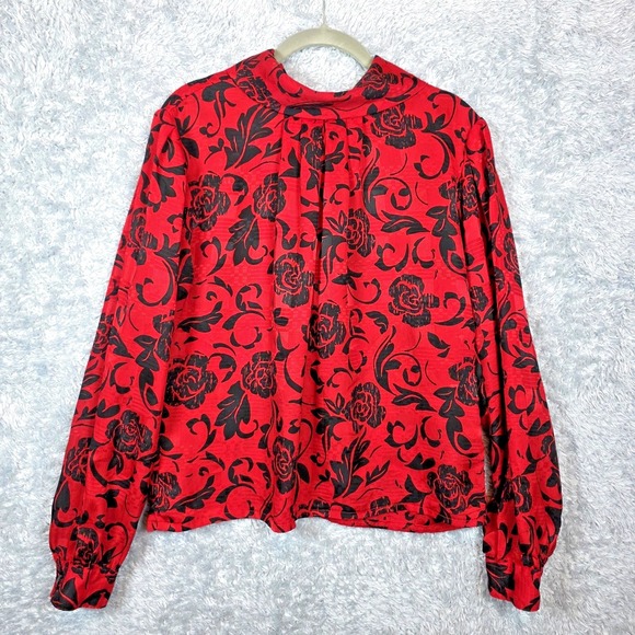 Laura and Jane Tops - Vtg‎ Red Black Chiffon Floral Top Laura and Jane Secretary High Neck Medium